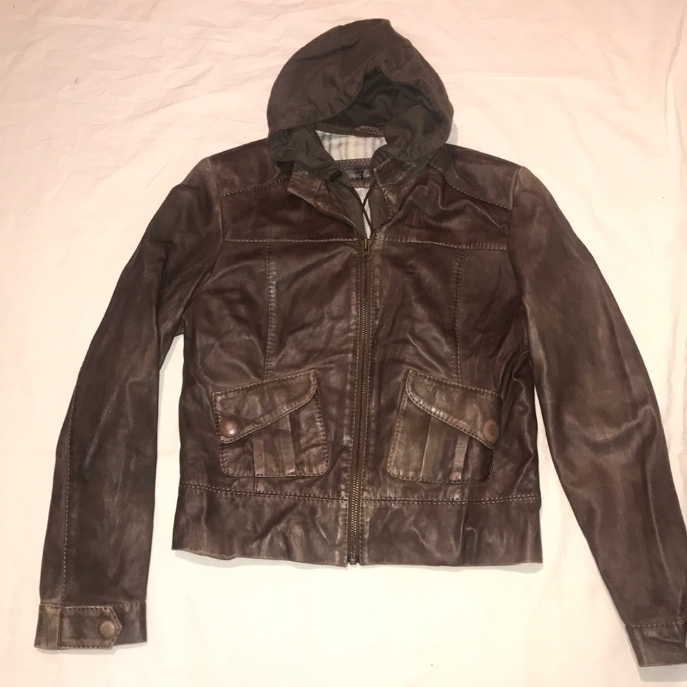 Leather jkt detachable hood front knit inset